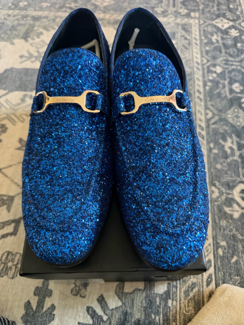Blue Glitter Men’s Slip-On Loafers with Metal Bit